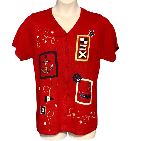 Y2K Susan Graver Short Sleeve Cardigan Oversize Small Nautical Red Blue July 4th - Picture 1 of 10